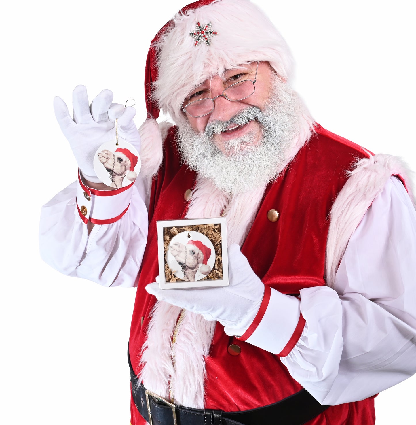 Christmas Tree Dubai Camel Ceramic Ornament, Round White Ceramic, Santa Hat Design, Holiday Tree Decoration