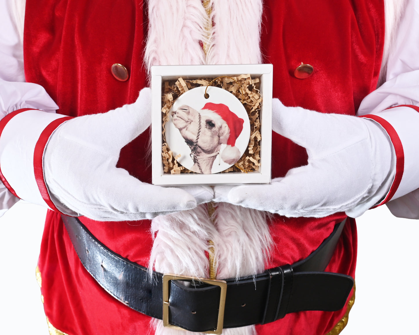 Christmas Tree Dubai Camel Ceramic Ornament, Round White Ceramic, Santa Hat Design, Holiday Tree Decoration