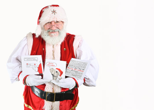 Santa with his Dubai - Lapland 'Boarding card'/ Christmas Camel card / Multi language card/ Christmas Card 15.8cm x 15.8cm laminated greeting card, with white self sealing envelope, cellophane wrapped. HSC120.