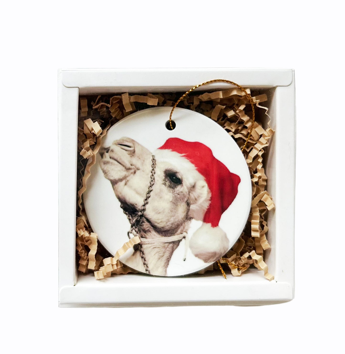 Christmas Tree Dubai Camel Ceramic Ornament, Round White Ceramic, Santa Hat Design, Holiday Tree Decoration
