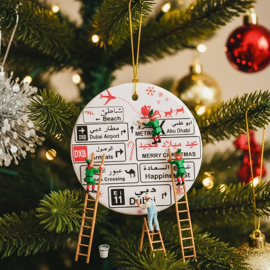 christmas roadsign decoration for christmas tree. roadsigns of Dubai bi lingual arabic and english tree decoration