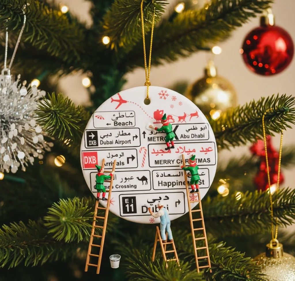 christmas roadsign decoration for christmas tree. roadsigns of Dubai bi lingual arabic and english tree decoration